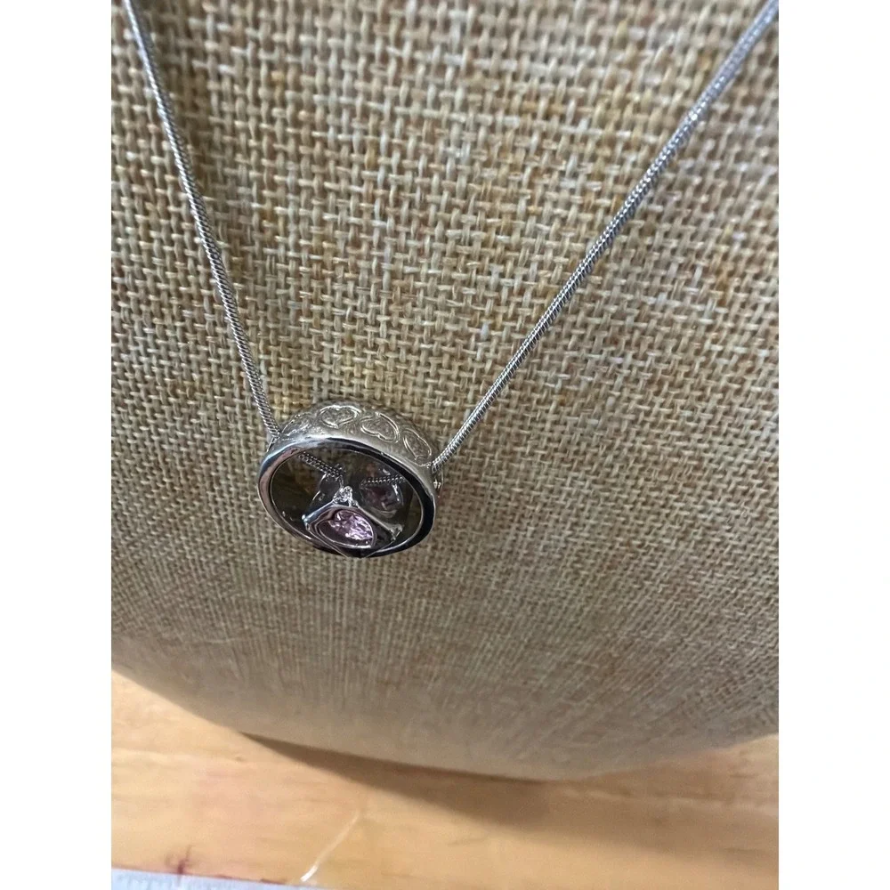 Silver Tone Snake Chain Necklace Pink‎ Heart Rhinestone Circle Cube Pendant